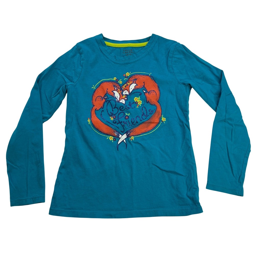 Falls Creek Teal Fox Best Friends Long Sleeve Shirt Kids 6/6X Glitter Graphic